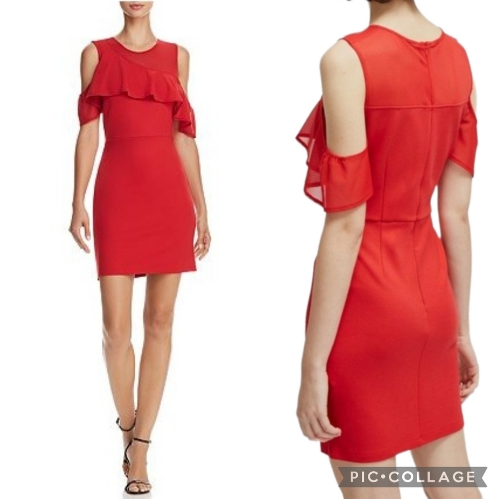 FRENCH CONNECTION Asymmetric Exposed Shoulder Dress Ruffle Mini Red XS 2 - Picture 3 of 9